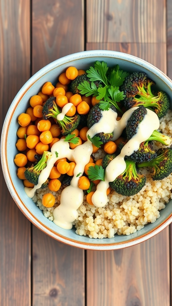 Roasted broccoli and chickpeas Buddha bowl with quinoa and lemon tahini sauce, garnished with parsley.